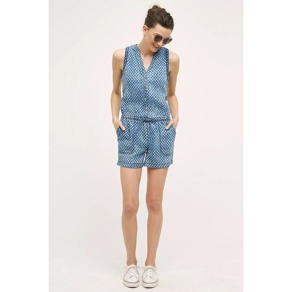 Anthropologie Hei Hei Dottie Chambray Romper 100% Linen Size S - Picture 1 of 13